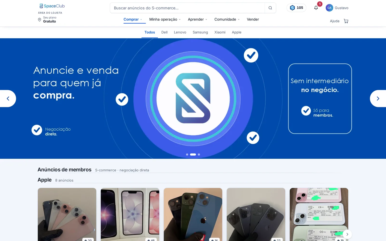 Vitrine de compras do painel Space Club, com busca de anúncios, categorias e cards de produtos de membros